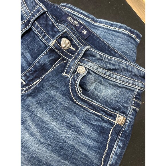 Miss Me Womens Distressed Blue Denim Jeans W26 Embellished Bull Low-Rise Bootcut - Picture 5 of 10
